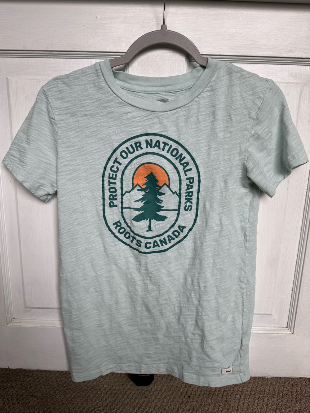 Roots Mint Green Crewneck Tee “Protect our National Parks Roots Canada”
